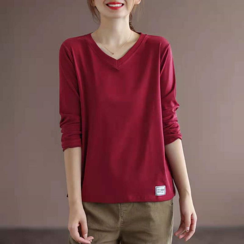 V-neck Solid Color All-match Long-sleeved T-shirt Women's Plus Size Women's Loose and Thin Bottoming Shirt Top