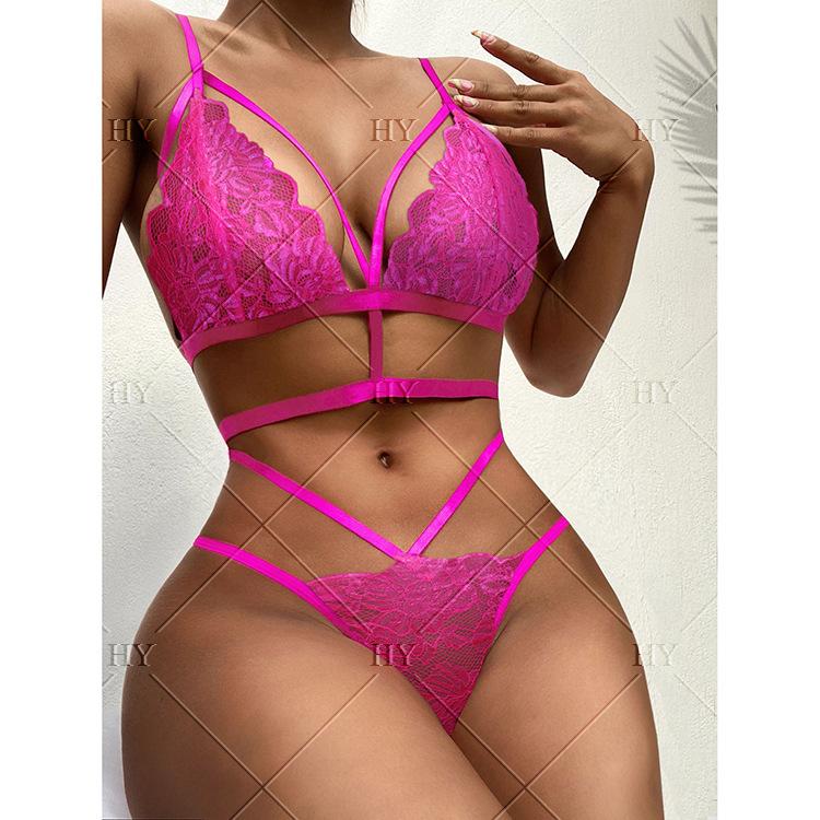 

2025 новый продукт полое перспективное сексуальное нижнее белье многоцветное кружево трехточечный ремешок сексуальный комплект нижнего белья комплект из двух частей XL розы красного