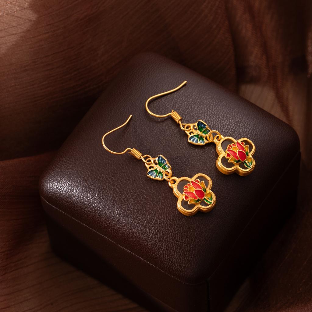 Enamel Painted Butterfly Love Flower Stud Earrings Women'S Long Retro Ethnic Style Earrings Niche Temperament Guochao Earrings