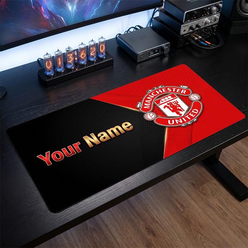 Tappetino per Mouse Grande Personalizzato Manchester United, Stampa Testo Nome Personalizzato, Tappetino da Scrivania Antiscivolo con Logo Calcio, Regalo per Gamer
