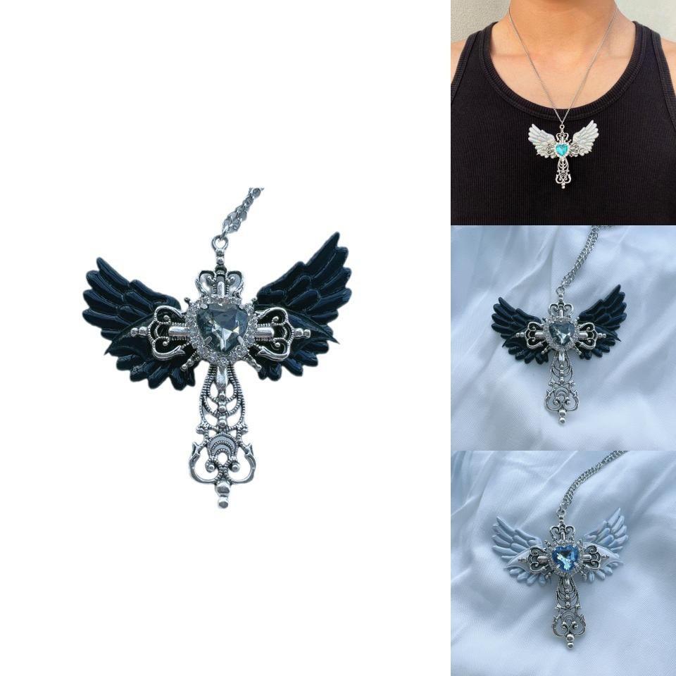 Y2k Gothic Style Unique Angel Cross Sweater Necklace Fashionable Alloy Jewelry For All