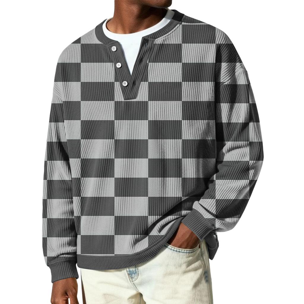 Męski sweter z dzianiny prążkowanej z długim rękawem, z kołnierzykiem zapinanym na guziki