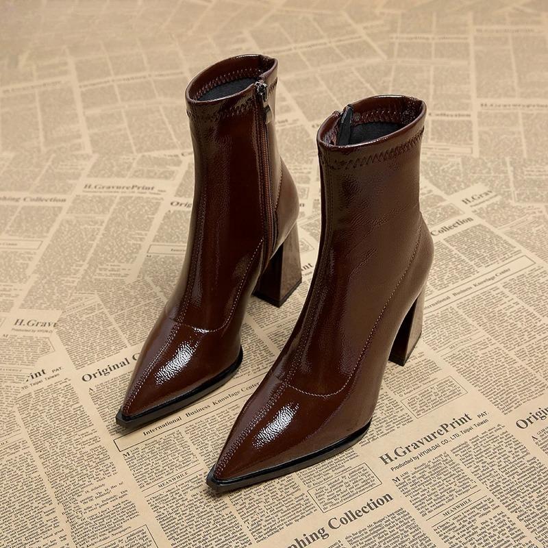 Autumn Winter Patent Leather Women Ankle Boots Fashion Thick Heel Shoes Female Short Booties Zapatos De Mujer