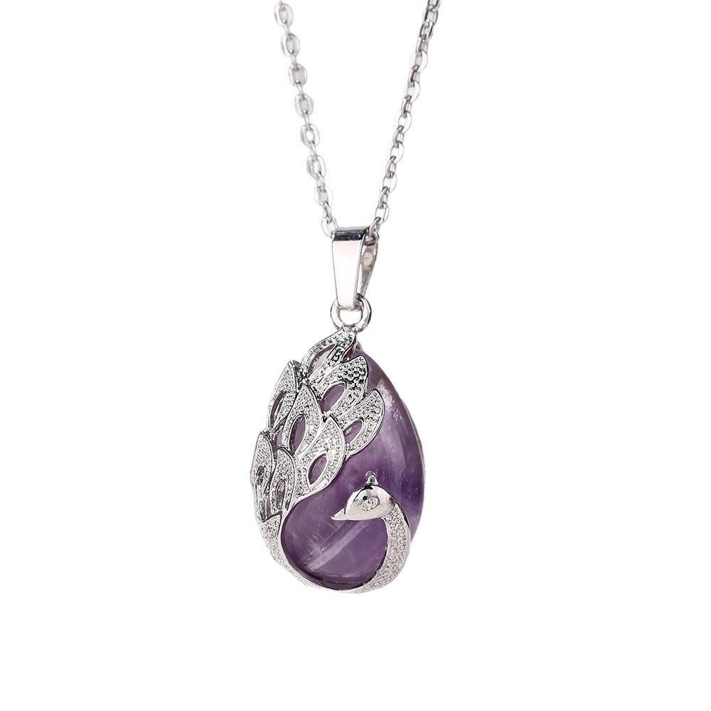 Zhouhang Peacock Necklace with Natural Crystal & Amethyst Pendant