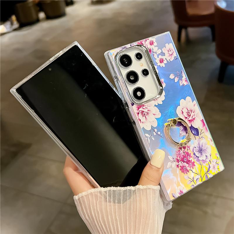 Diamond Ring Phone Holder Raser Case for Samsung A25 A54 A55 A15 A35 A14 A34 S24 Plus S22 Ultra S23 FE Flower Leaf Bling Cover