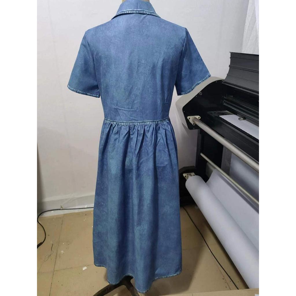 Women's Casual Denim Shirt Dress - Summer Short Sleeve Button-Down Midi Dress with Collar and Pockets, Comfortable Stretchy Jean Dress