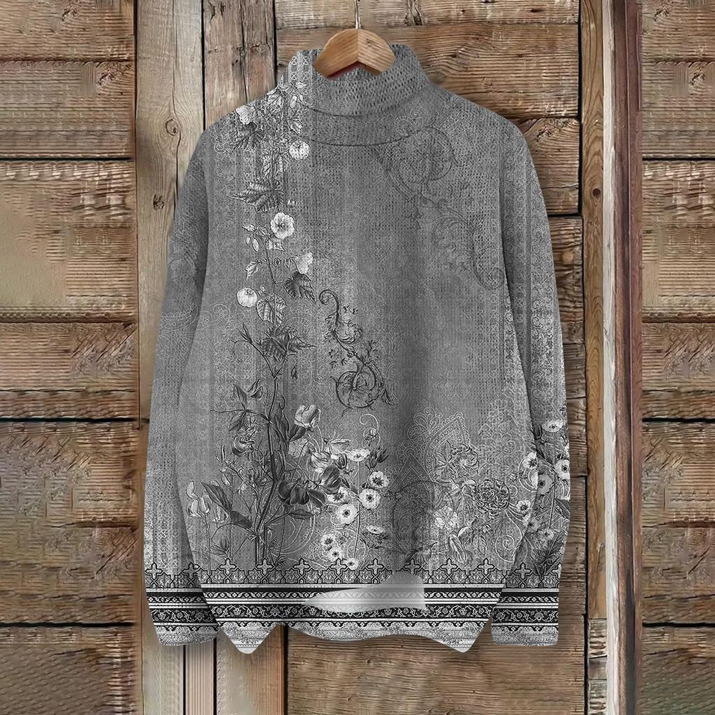 Women's Fashion Casual Long Sleeve Retro Printed Turtleneck Knit Top