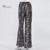 Women Long Pants Elastic High Waist Wide Leg Trousers with Pockets Leopard Print High Street Style Casual Pants