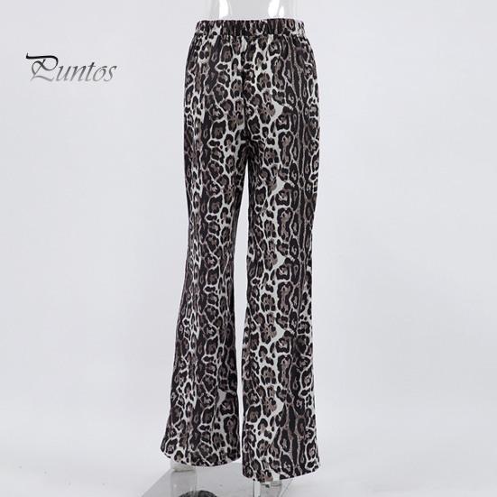 Women Long Pants Elastic High Waist Wide Leg Trousers with Pockets Leopard Print High Street Style Casual Pants