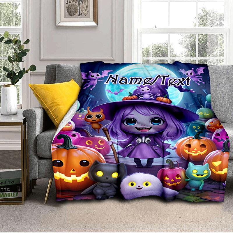 1PC Custom Name Halloween Night Adventure flannel blanket versatile,all-season throw suitable for the living room,bedroom,camping,travel,and gift