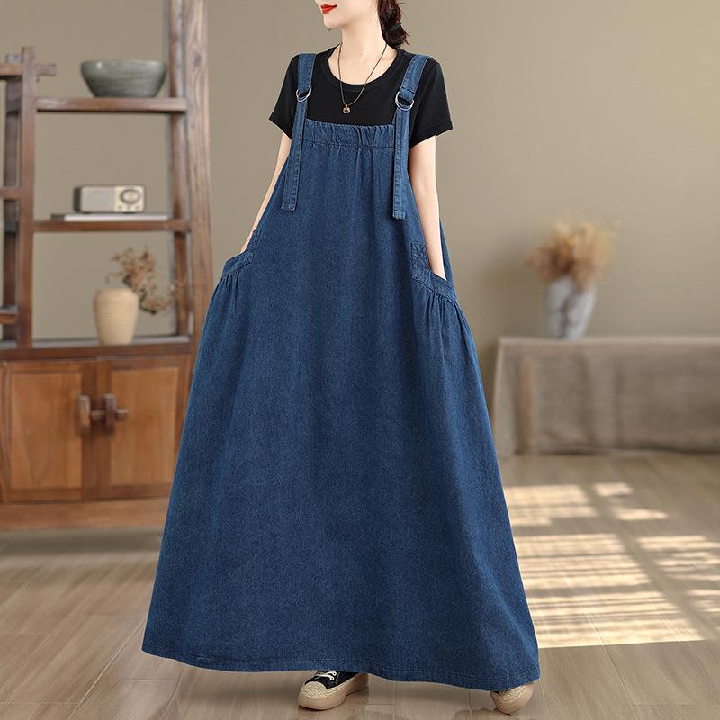 Retro Denim Overall Dress: Spring-Summer-Autumn Slimming Long Skirt with Wide Hem