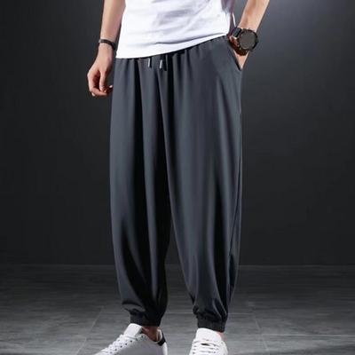 Men Sport Pants Ice Silk Loose Ankle-banded Pockets Drawstring Elastic Waist Soft Breathable Solid Color Gym Traning Jogging Sweatpants Long Trousers