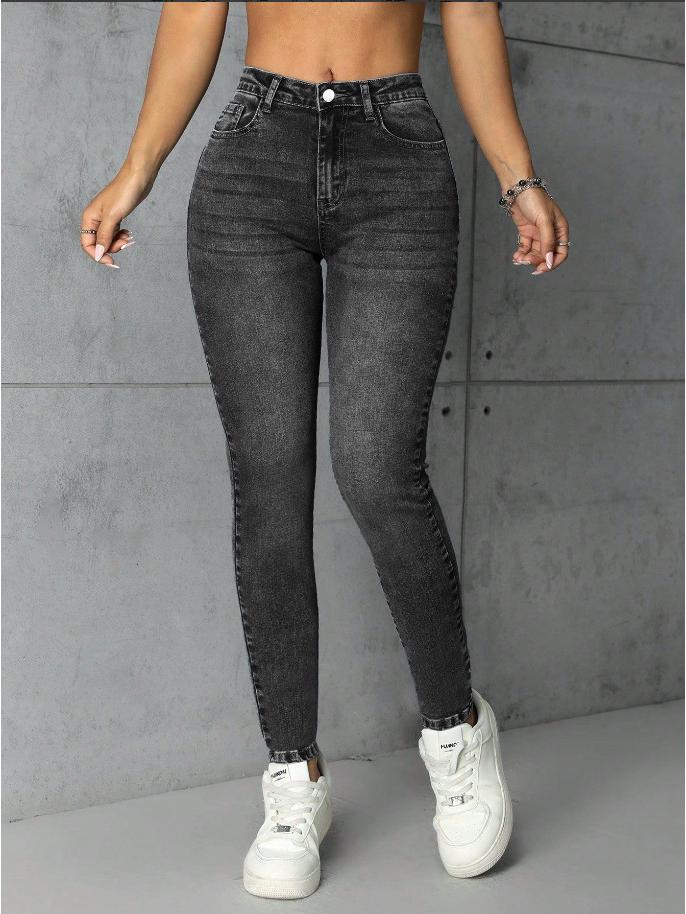 European Women s Fashion: Elastic Slim-Fit Denim Tapered Pants M чёрный