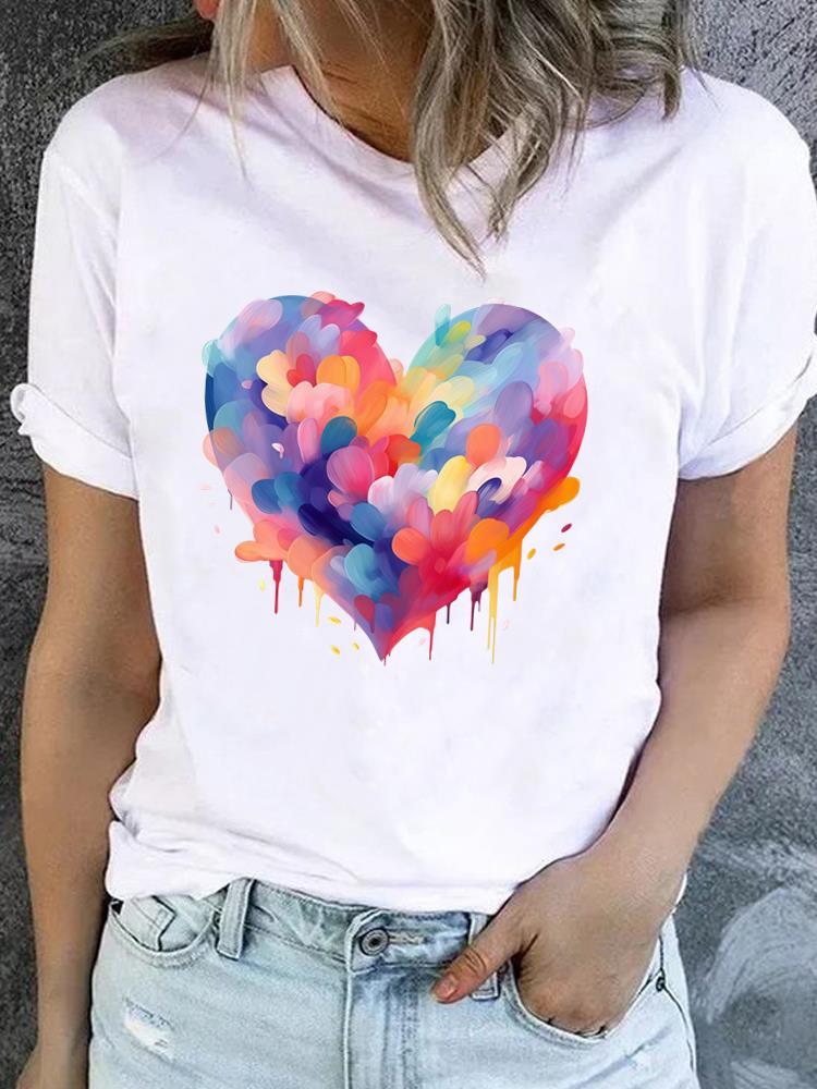 (Asian Size) Clothing Lady o-neck watercolor love style Short Sleeve T-shirts Printed Female Top Casual T Shirt Fashion Women Graphic Tee