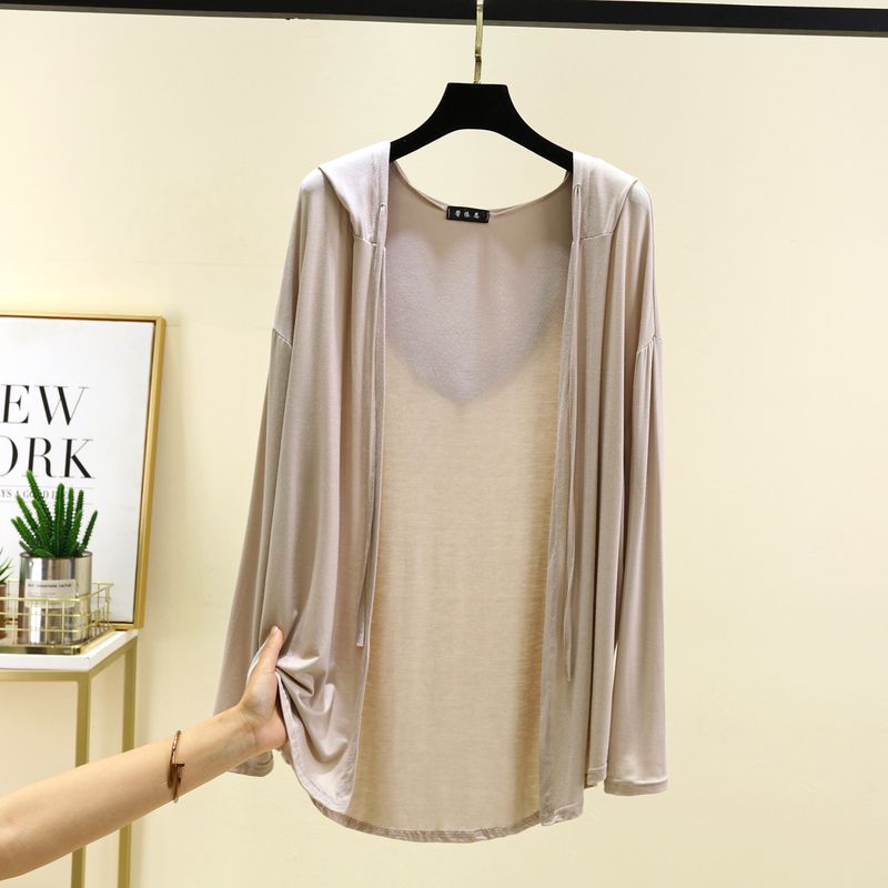 Long Sleeves Modal Hooded Cardigan Women's Thin Loose Outer Wear Sun Protection Top Plus Size Loose Pure Color Casual Outwear