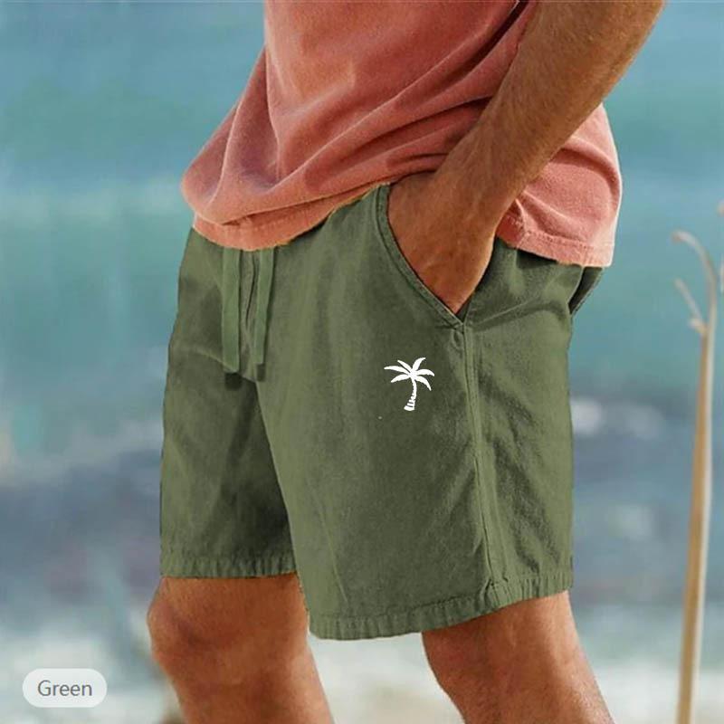 Cross-border New Coconut Printed Linen Shorts Drawstring Elastic Waist Solid Color Breathable Beach Five-point Casual Pants