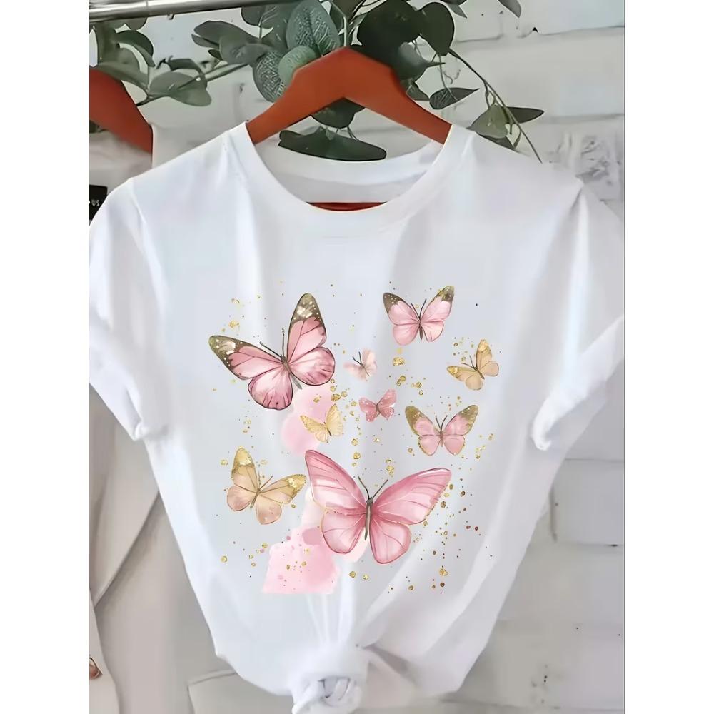 Colorful Watercolor Butterfly Splash Graphic T-Shirt Women’s Short Sleeve Vibrant Artistic Print for Summer