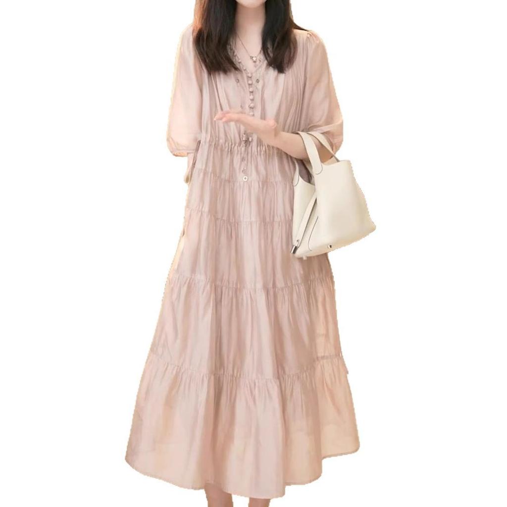 2025 Summer New Design Sense Splicing Thin Cake Skirt Retro Lady Five-quarter Sleeve Solid Color Temperament Dress