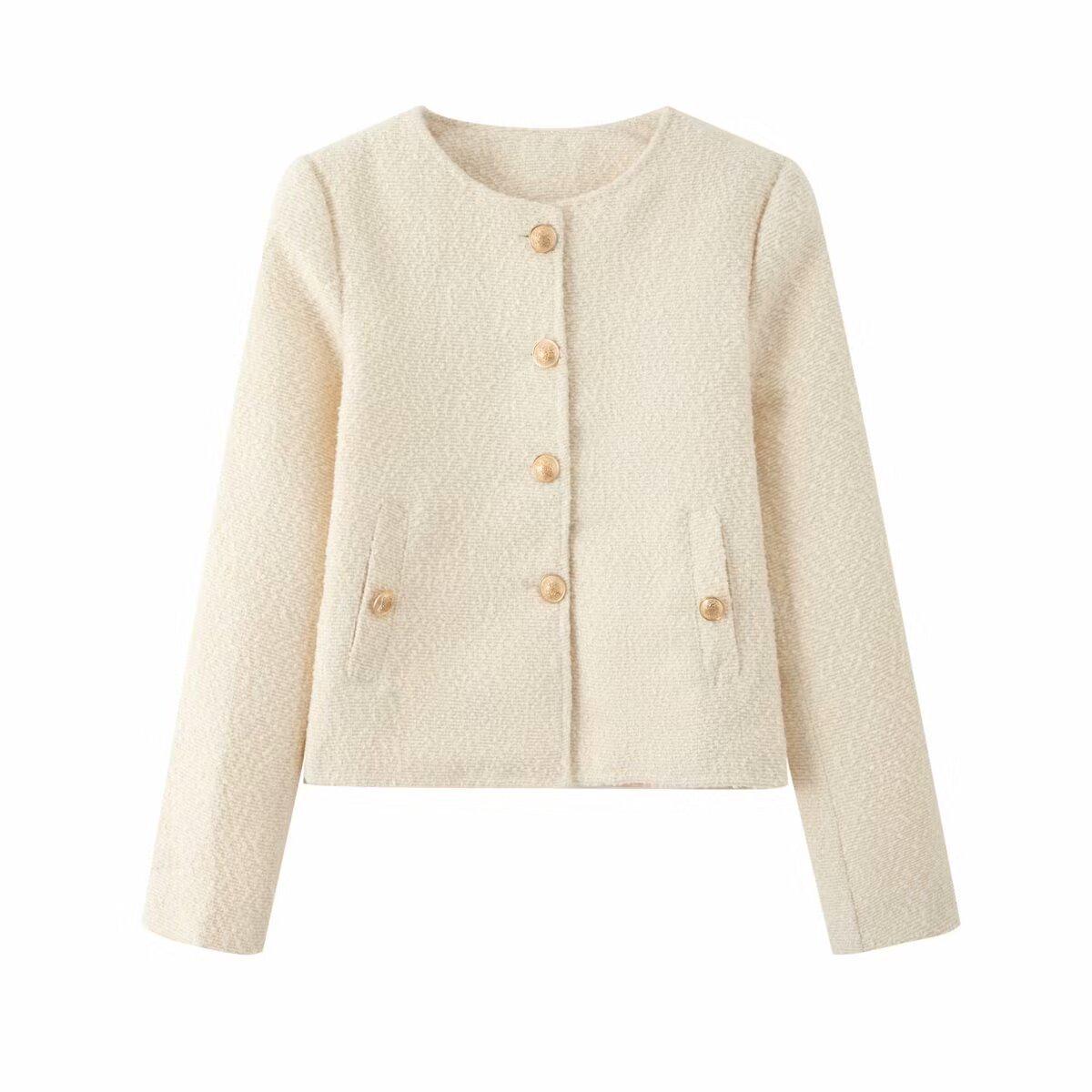 

Женское бежевое пальто с круглым вырезом - куртка в стиле осеннего маленького аромата (Стиль 5854225) L бежевый