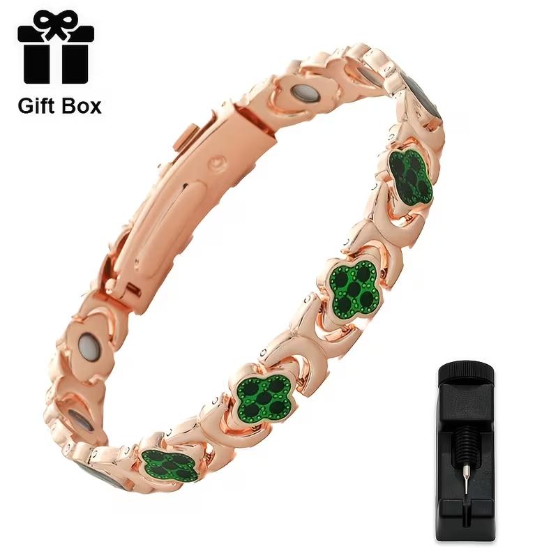 

Ladies Magnetic Bracelet -3500 Gauss Strong Magnetic, Rose Gold Plated Adjustable Buckle, Rose Gold Leaf and Magnetic Bead Desi 21cm