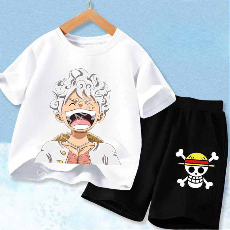 Ideal for Anime Fans, Comfortable and Fashionable Children's Clothing Cute One Piece Tony Tony Chopper Printed Kids T-Shirt Set