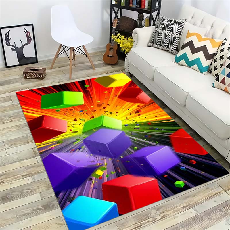 Block Blast Kids Rug Colorful Cartoon Puzzle Game Carpet Non Slip Play Mat For Children Bedroom Living Room