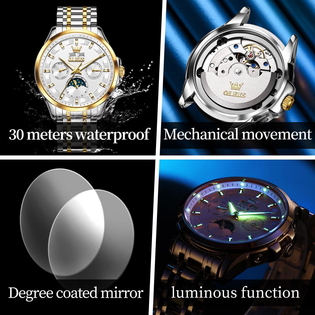 Relojes OLEVS para Hombre 7070 Lujo Moda Original Automático Mecánico para Hombre Calendario Fase Lunar Resistente al Agua Luminoso Fecha