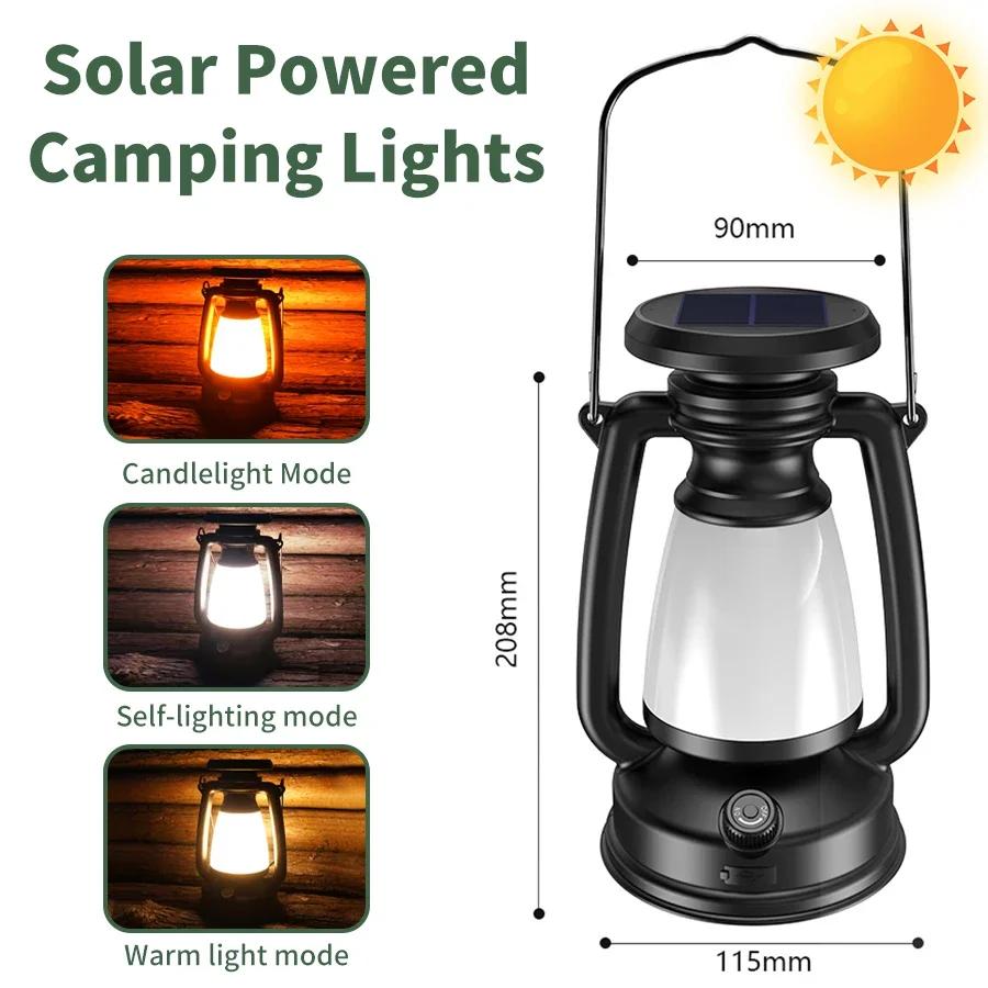 Portable Camping Lanterns USB Rechargeable Solar Charging Camping Light Dimming Outdoor Hanging Tent Light Hiking Fishing Lamp
