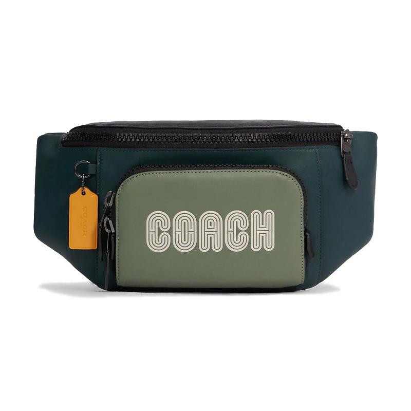 

COACH Track 41 Logo Print Colorblock Zipper Calfskin Crossbody Belt Bag Large Men s Blue with Green синій