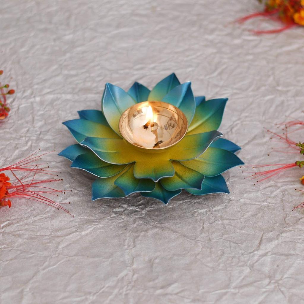 Lotus Diya Puja Oil Lamp - Metal Handpainted Deepak -Home Temple Puja Articles Decor