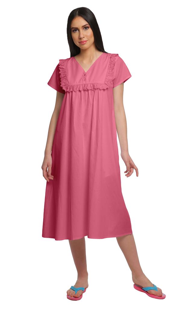 Moomaya Solid Short Sleeve Nightdress For Ladies Button Placket Nightwear