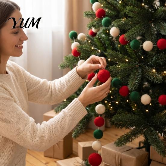 Red Green White Felt Ball Decor 78.8 Inch Christmas Pom Garland, 20/30 Pompom Soft Fluffy Garland Balls Ornaments for Xmas Tree, Fireplace, Wall, Home