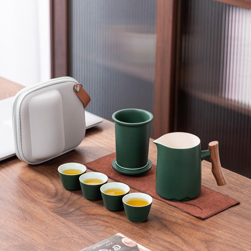 Travel Tea Set Kuaike Cup One Pot Four Cups Teapot Guochao Portable Outdoor High-end Ceramic Wooden Handle