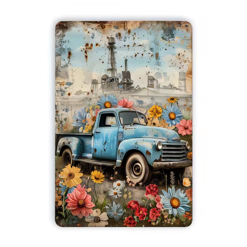 Tin Sign Vintage Blue Truck With Flowers Garden Landscape Retro Metal Sign Wall Decor for Garage Bar Pub Man Cave Housewarming