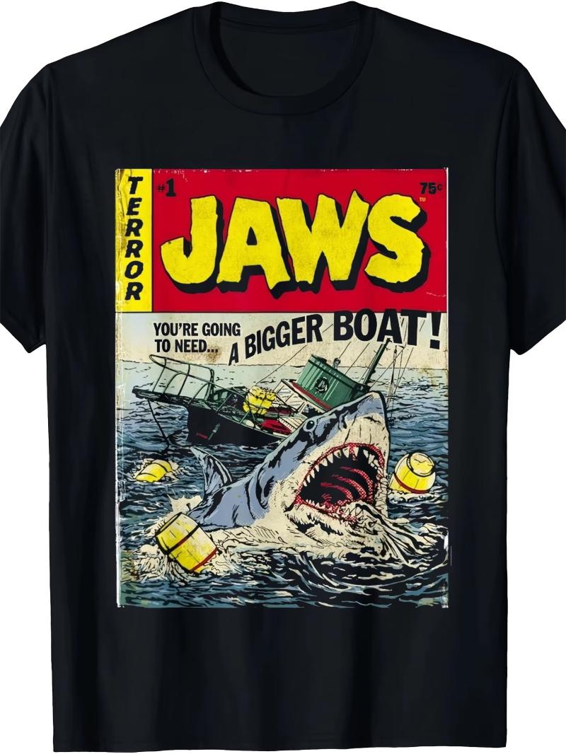 

2025 Summer New trendy retro Great White Shark print T-shirt for men and women casual short-sleeved round-neck cotton top 4XL