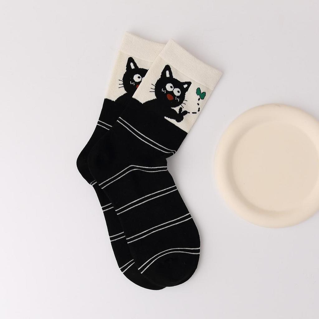 Cute Cartoon Cat Print Mid-tube Socks For Women Spring Autumn Knitted Sweat Absorb Sock Female Ins Korean Harajuku Long Socks