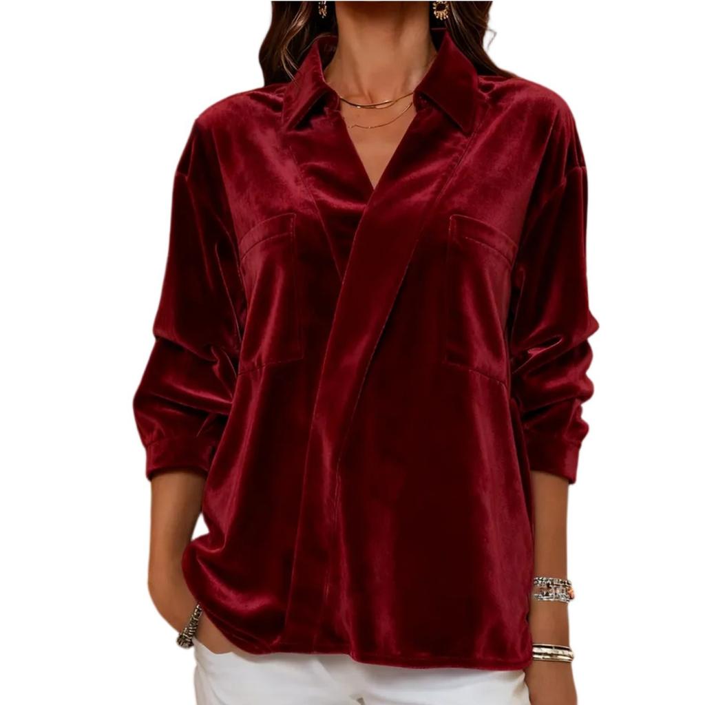 Fashionable Women's V-neck Versatile Velvet Lapel Shirt Women's Long Sleeved Shirt