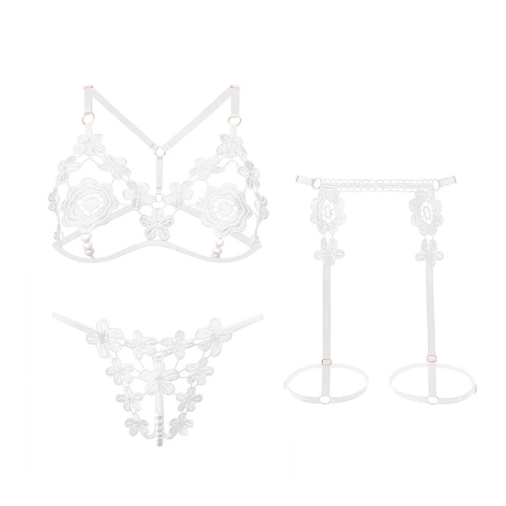 3 Piece Erotic Costumes Pearl Embroidered Open Bra Thong Garter Set Sexy Lingerie Set For Women See-Through Porn Fancy Underwear