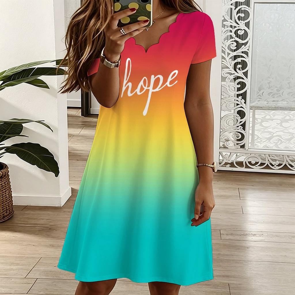 Ladies V Neck Elegant Tulip Cluster Plus Size Short Sleeve Summer Loose Dress