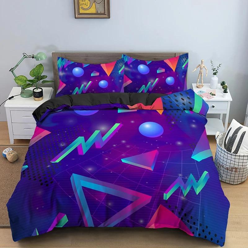 Psychedelische 3D Geometrische Bettbezug Mikrofaser Bunt Pop Art Queen Size Retro 80er Jahre Bettwäsche Set