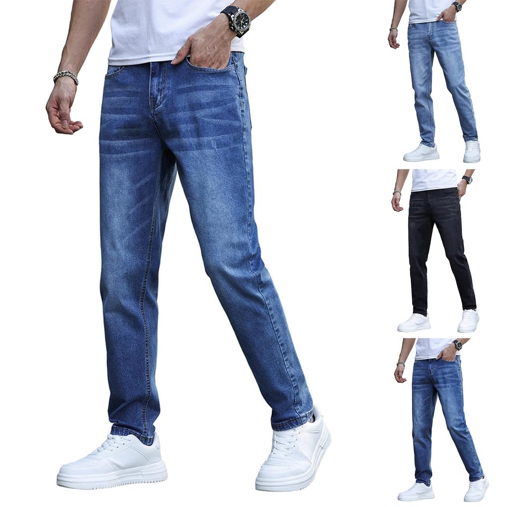 Men's Casual Small Straight Jeans Pants Fashion Wide Leg Pants Solid Color Jeans