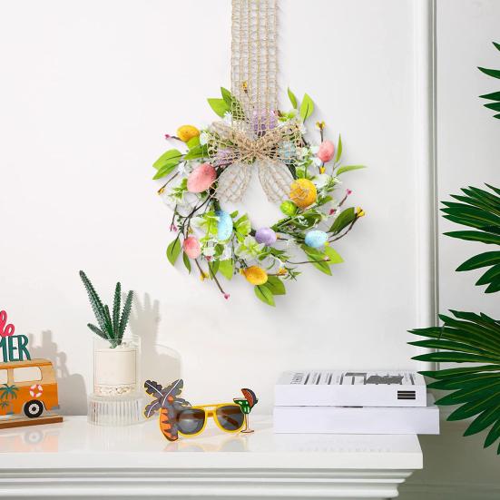 Small Easter Egg Wreath for Front Door Artificial Spring Colorful Eggs Wreath Farmhouse Hanging Kitchen Cabinet Wreath with Ribbon