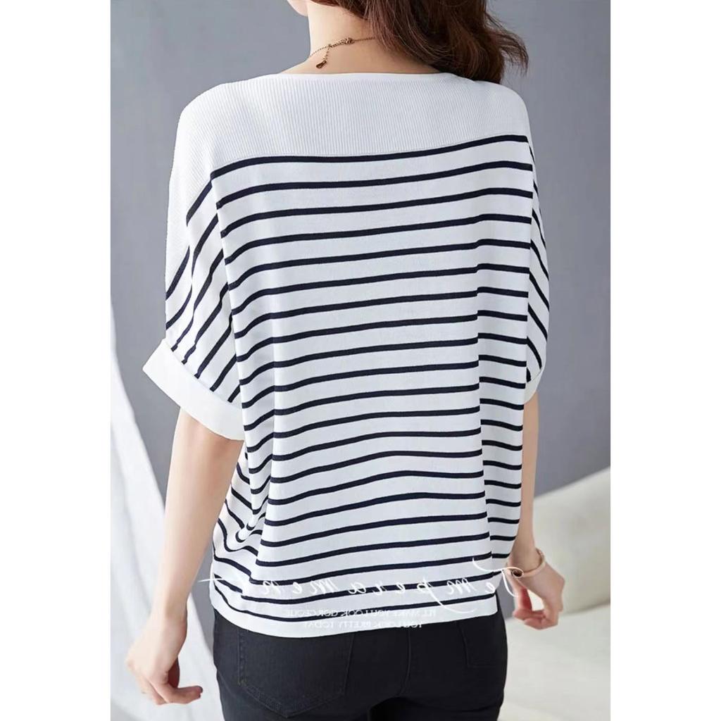 Elegant Striped Patchwork Blouse Women Half Sleeve Office Wear Summer T-shirt Fashion Loose Casual O-neck Tunic Tops