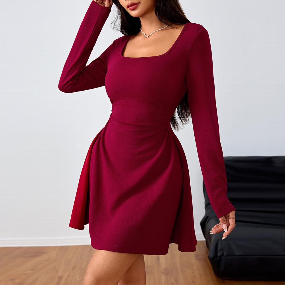 Women Spring Autumn V Neck Long Sleeve Bodycon Commuter-style Pit Strip Solid Color Package Hip Dress