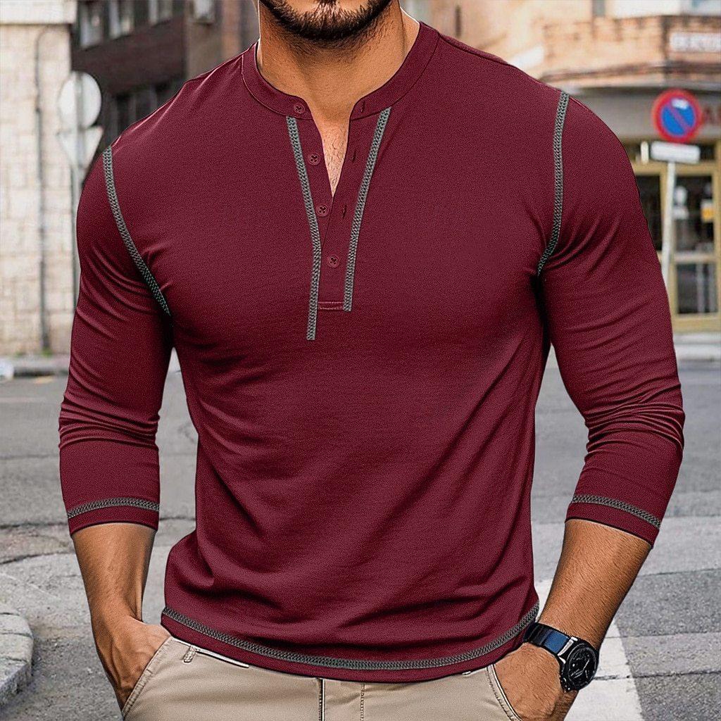 Mens Vintage Color Block Long Sleeve Crew Neck Henley T Shirt Casual Top