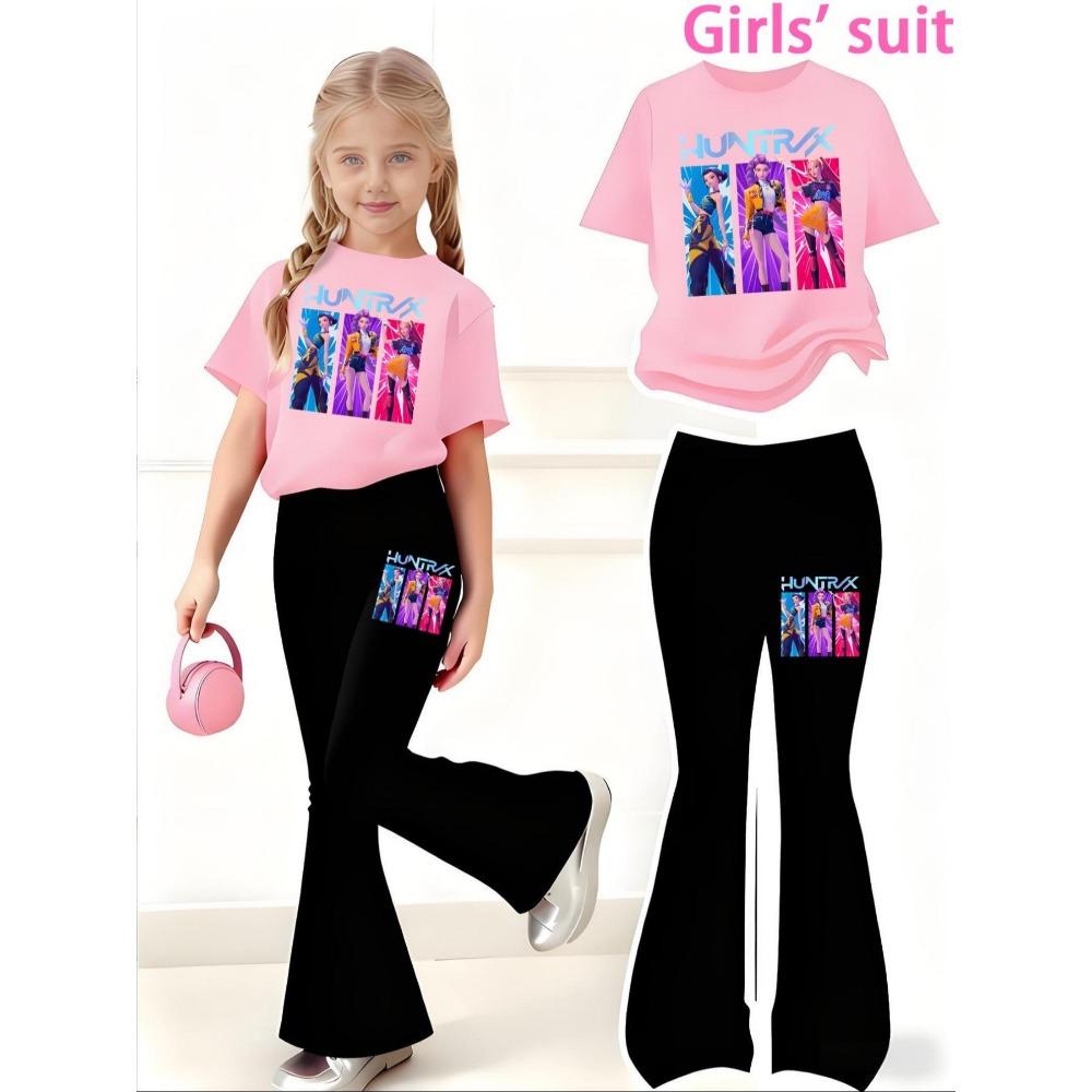 Girls' Casual Sports Short Sleeved and Flared Pants Set, Girls' Group Pattern Printed Fashionable Girls' Sportswear