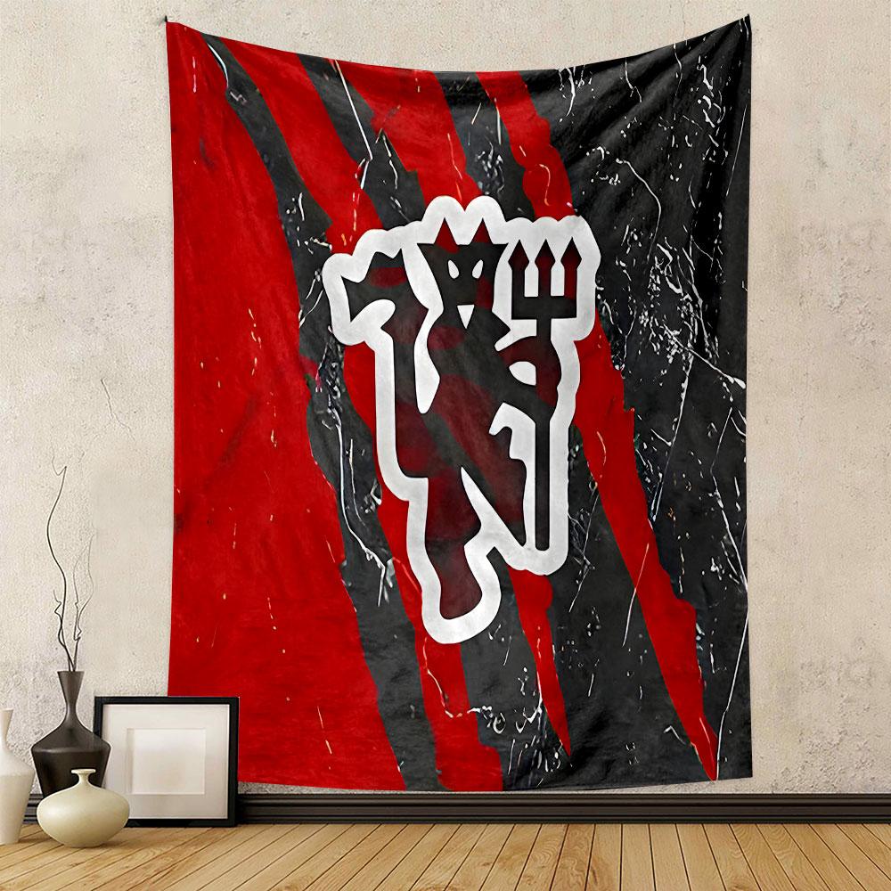 Red Devil Emblem on Textured Background Patterned tapestry home decor, suitable for bedroom and living room, gift