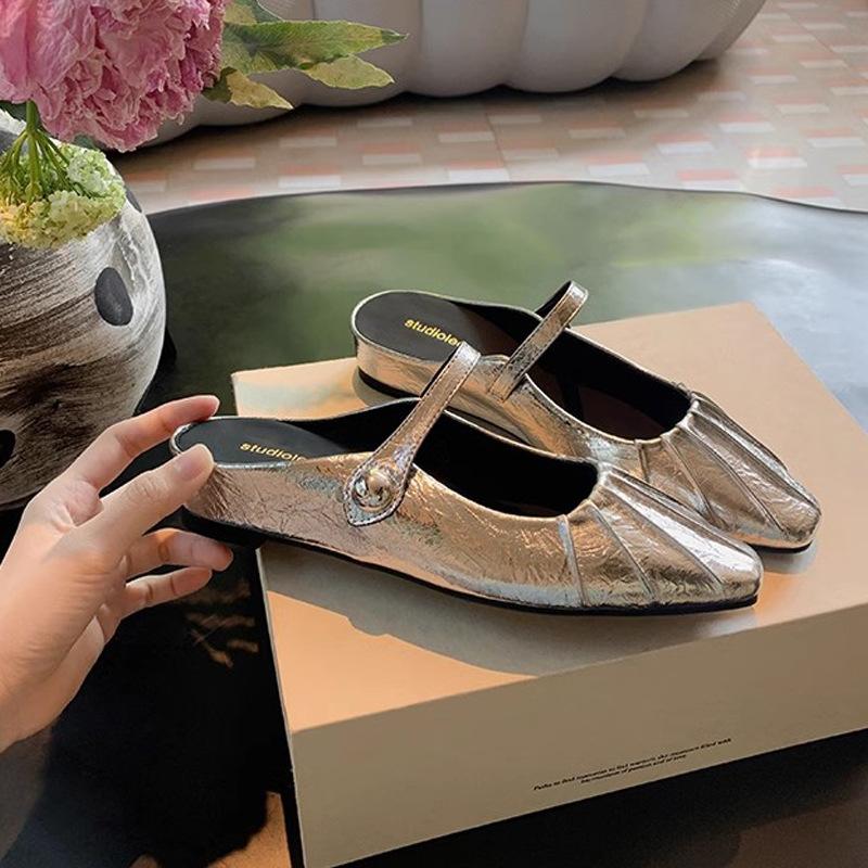 Grape Mother Summer New Temperament Small Square Head Folds Word with Shallow Mouth Mary Jane Bag Head Half Slippers Women's Summer