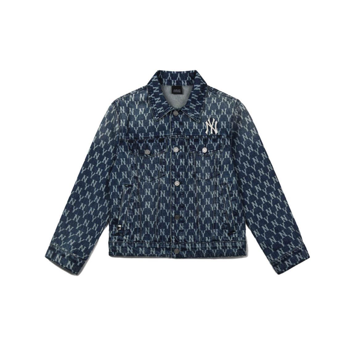 MLB Blumen-Serie New York Yankees Buchstabendruck Baumwoll-Denimjacke Unisex-Jacken Denim-Blau 31JPN3041-50U XS gray