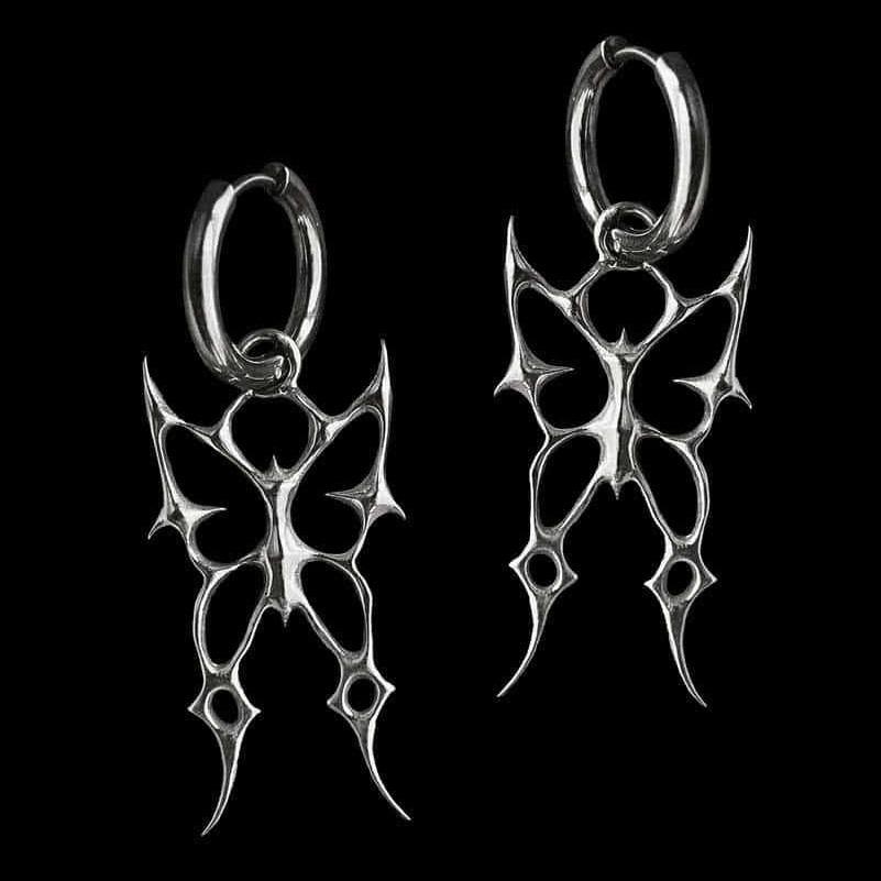 

Gothic Punk Silver Color Hollowed-out Thorn Swallowtail Butterfly Pendant Hoop Earrings for Men Women Couples Halloween Jewelry